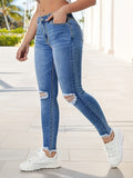 Romildi Ripped Holes Casual Skinny Jeans, Slim Fit Raw Hem Versatile Tight Jeans, Women's Denim Jeans & Clothing