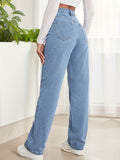 Romildi High Waist Whiskering Light Wash Mom Jeans, Water Ripple Embossed Loose Straight Leg Denim Pants, Women's Denim Jeans & Clothing