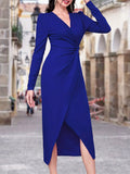 Romildi Solid Surplice Neck Wrap Dress, Elegant Long Sleeve Twist Front Dress For Spring & Fall, Women's Clothing