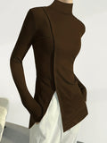 Romildi Solid Split Hem Mock Neck Top, Elegant Long Sleeve T-Shirt For Spring & Fall, Women's Clothing