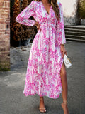 Romildi Floral Print Maxi Dress, Casual V Neck Long Sleeve Dress, Women's Clothing