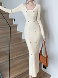 Romildi Ribbed Slim Solid Dress, Elegant Long Sleeve Dress For Spring & Fall, Women's Clothing