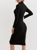 Romildi Ribbed High Neck Dress, Elegant Solid Long Sleeve Bodycon Dress, Women's Clothing