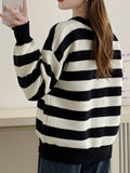 Romildi Striped Crew Neck Pullover Sweater, Elegant Long Sleeve Loose Sweater, Women's Clothing