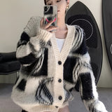 Romildi Graphic Pattern Button Down Knit Cardigan, Casual Long Sleeve Loose Cozy Sweater For Fall & Winter, Women's Clothing