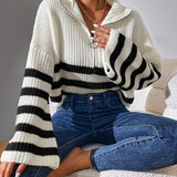 Romildi Striped Pattern Half Zip Pullover Sweater, Casual Bell Sleeve Sweater For Fall & Winter, Women's Clothing