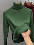 Romildi Solid Turtle Neck Fleece Pullover Sweater, Elegant Long Sleeve Slim Thermal Sweater, Women's Clothing