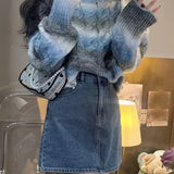 Ombre Crew Neck Cable Knit Sweater, Casual Long Sleeve Pullover Sweater, Women's Clothing