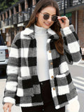 Romildi Plaid Print Patched Pockets Teddy Coat, Versatile Long Sleeve Single Breasted Winter Outwear, Women's Clothing