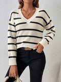 Romildi Striped V Neck Pullover Sweater, Casual Long Sleeve Sweater For Spring & Fall, Women's Clothing