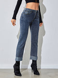 Romildi Raw Hem Rolled Legs Mid Rise Slim Fit Straight Legs High Stretchy Washed Blue Color Vintage Straight Jeans, Women's Denim Jeans