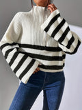 Romildi Striped Pattern Half Zip Pullover Sweater, Casual Bell Sleeve Sweater For Fall & Winter, Women's Clothing