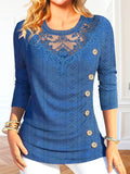Romildi Contrast Lace Button Decor T-Shirt, Casual Eyelet Top For Spring & Fall, Women's Clothing
