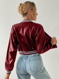 Romildi Faux Leather Crop Jacket, Y2K Zip Front Long Sleeve Jacket For Fall & Winter, Women's Clothing