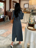 Romildi Blue Long Sleeves Denim Dress, Retro Style Single Breasted Button Split Lapel Denim Dress, Women's Denim Clothing