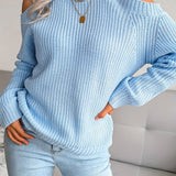 Romildi Solid Color Crew Neck Cold Shoulder Knitted Tops, Casual Everyday Pullover Sweaters, Women's Clothing