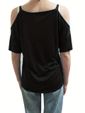 Romildi Cold Shoulder V Neck T-Shirt, Casual Short Sleeve T-Shirt For Spring & Summer, Women's Clothing