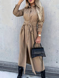 Romildi Solid Button Front Dress, Elegant Long Sleeve Belted Lapel Dress, Women's Clothing