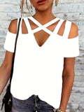 Romildi Solid Criss Cross Neck T-shirt, Casual Cold Shoulder Short Sleeve T-shirt, Women's Clothing