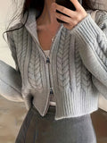 Romildi Solid Zip Up Cable Knit Cardigan, Casual Turndown Collar Long Sleeve Crop Sweater, Women's Clothing