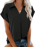 Romildi V-neck Loose Lapel Blouses, Casual Drop Shoulder Short Sleeve Fashion Shirts Tops, Women's Clothing