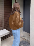 Romildi Solid  Faux Leather Vintage Jacket, Long Sleeve Single Breasted Outwear For Fall & Winter, Women's Clothing