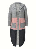 Romildi Letter Print Back Hooded Knit Cardigan, Casual Open Front Color Block Sweater, Women's Clothing