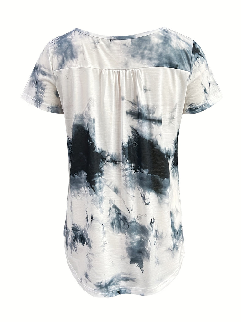 Romildi Tie Dye Button Front T-Shirt, Casual Short Sleeve T-Shirt For Spring & Summer, Women's Clothing