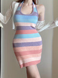 Romildi Color Block Halter Neck Dress, Sexy Bodycon Sleeveless Summer Dress, Women's Clothing
