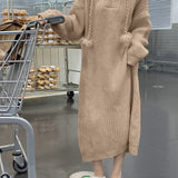 Romildi Solid Long Sleeve Hooded Knit Dress, Casual Drawstring Thermal Dress For Fall & Winter, Women's Clothing