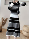 Romildi Striped Print Long Sleeve Knit Dress, Elegant Crew Neck A-line Dress, Women's Clothing