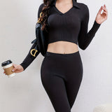 Romildi Solid Polo Neck Long Sleeve Skinny Shirt, Mature Stylish Short Length Spring & Fall Shirt, Women's Clothing