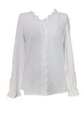 Romildi Contrast Lace Solid Blouse, Elegant V Neck Long Sleeve Blouse, Women's Clothing