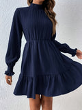 Romildi Ruffle Hem Textured Solid Dress, Elegant Mock Neck Long Sleeve Dress, Women's Clothing