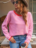 romildi  Women's Sweater Contrast Striped Crew Neck Side Stripe Pullovers