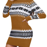 Romildi Christmas Turtleneck Sweater Dress, Long Sleeve Sweater Dress, Casual Sweater Dress For Fall & Winter, Women's Clothing