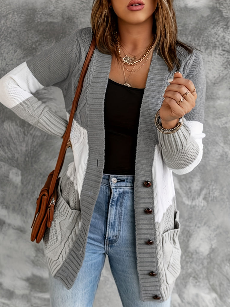 Romildi Colorblock Twist Textured Pocket Knitted Cardigan, Casual Button Long Sleeve Knit Outwear For Fall & Winter, Women's Clothing