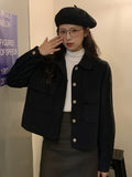 RomildiButton Front Solid Jacket, Casual Long Sleeve Vintage Outerwear, Women's Clothing