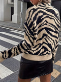 Romildi Zebra Pattern Mock Neck Pullover Sweater, Casual Long Sleeve Sweater For Fall & Winter, Women's Clothing