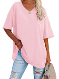 Romildi Basic Loose Solid T-Shirts, Casual Short Sleeve V-Neck T-Shirts, Casual Every Day Tops, Women's Clothing