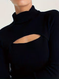 Romildi Solid Turtle Neck Knitted Top, Casual Cut Out Long Sleeve Slim Sweater, Women's Clothing