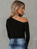 Romildi Solid Cold Shoulder T-Shirt, Casual Long Sleeve Top For Spring & Fall, Women's Clothing