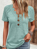 Romildi Contrast Lace Ribbed V Neck T-Shirt, Casual Button Front Short Sleeve Top For Spring & Summer, Women's Clothing