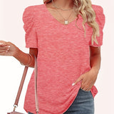 Romildi Solid V Neck T-Shirt, Casual Puff Sleeve Top For Spring & Summer, Women's Clothing