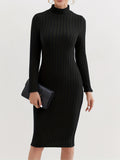 Romildi Ribbed High Neck Dress, Elegant Solid Long Sleeve Bodycon Dress, Women's Clothing