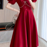 Romildi Tucked Puff Sleeve Solid Dress, Elegant High Waist Party Midi Dress, Women's Clothing