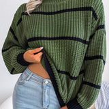 Romildi Striped Lantern Sleeve Sweater, Casual Turtle Neck Long Sleeve Sweater, Casual Tops For Fall & Winter, Women's Clothing