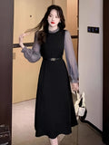 Romildi Color Block Lettuce Trim Dress, Elegant Long Sleeve Midi Dress, Women's Clothing