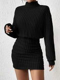 Romildi Ribbed Knit Long Sleeve Dress, Elegant Turtle Neck Slim Ruched Dress, Women's Clothing