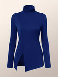 Romildi Solid Split Hem Mock Neck Top, Elegant Long Sleeve T-Shirt For Spring & Fall, Women's Clothing